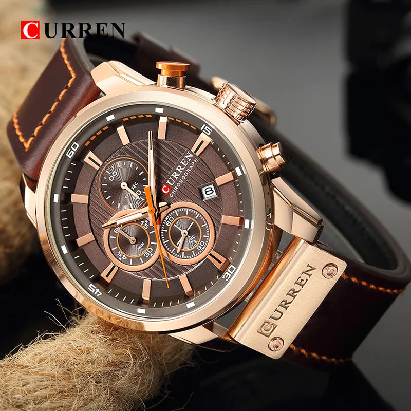 Relógio Masculino Curren | Esportivo com Cronômetro e Pulseira de Couro – Modelo CUR8291-GB