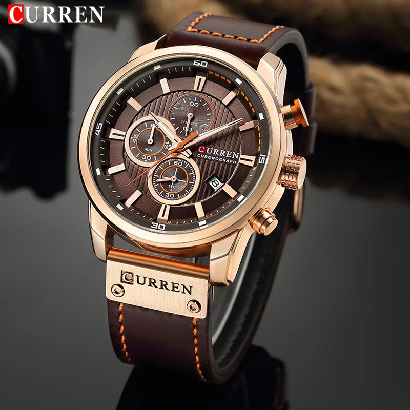 Relógio Masculino Curren | Esportivo com Cronômetro e Pulseira de Couro – Modelo CUR8291-GB